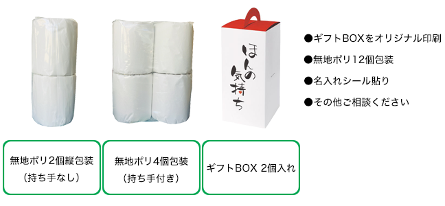 ギフトBOXをオリジナル印刷、無地ポリ12個包装、名入れシール貼り